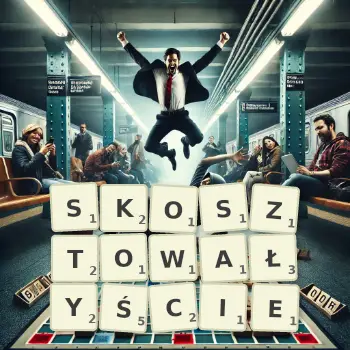 Kreatywna ilustracja do gry w Scrabble ze słowem SKOSZTOWAŁYŚCIE ułożonym z płytek na planszy.