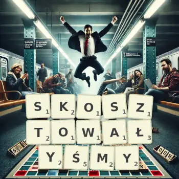 Kreatywna ilustracja do gry w Scrabble ze słowem SKOSZTOWAŁYŚMY ułożonym z płytek na planszy.