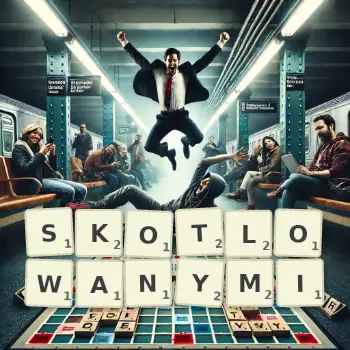 Kreatywna ilustracja do gry w Scrabble ze słowem SKOTLOWANYMI ułożonym z płytek na planszy.