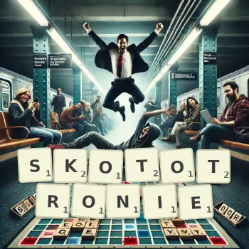 Kreatywna ilustracja do gry w Scrabble ze słowem SKOTOTRONIE ułożonym z płytek na planszy.