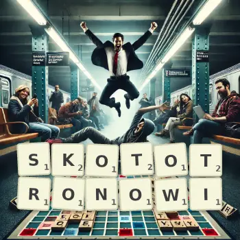 Kreatywna ilustracja do gry w Scrabble ze słowem SKOTOTRONOWI ułożonym z płytek na planszy.