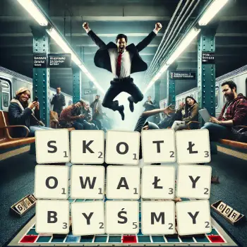 Kreatywna ilustracja do gry w Scrabble ze słowem SKOTŁOWAŁYBYŚMY ułożonym z płytek na planszy.