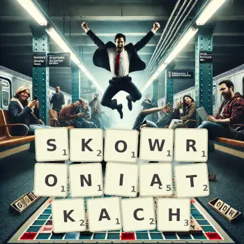 Kreatywna ilustracja do gry w Scrabble ze słowem SKOWRONIĄTKACH ułożonym z płytek na planszy.