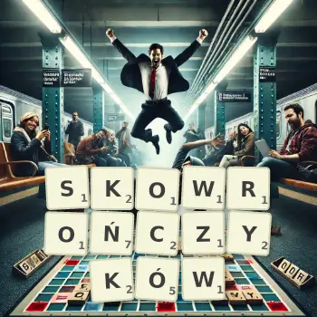 Kreatywna ilustracja do gry w Scrabble ze słowem SKOWROŃCZYKÓW ułożonym z płytek na planszy.
