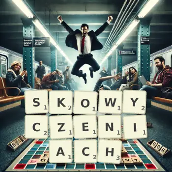 Kreatywna ilustracja do gry w Scrabble ze słowem SKOWYCZENIACH ułożonym z płytek na planszy.