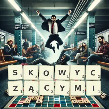 Kreatywna ilustracja do gry w Scrabble ze słowem SKOWYCZĄCYMI ułożonym z płytek na planszy.