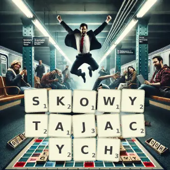 Kreatywna ilustracja do gry w Scrabble ze słowem SKOWYTAJACYCH ułożonym z płytek na planszy.