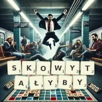 Kreatywna ilustracja do gry w Scrabble ze słowem SKOWYTAŁYBY ułożonym z płytek na planszy.