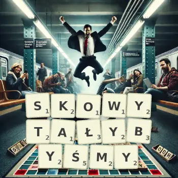 Kreatywna ilustracja do gry w Scrabble ze słowem SKOWYTAŁYBYŚMY ułożonym z płytek na planszy.