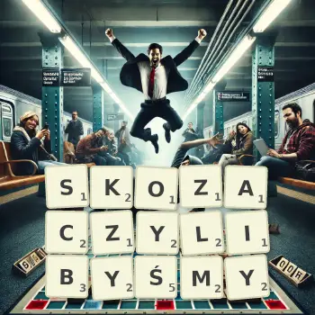 Kreatywna ilustracja do gry w Scrabble ze słowem SKOZACZYLIBYŚMY ułożonym z płytek na planszy.
