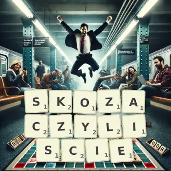 Kreatywna ilustracja do gry w Scrabble ze słowem SKOZACZYLISCIE ułożonym z płytek na planszy.