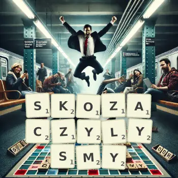 Kreatywna ilustracja do gry w Scrabble ze słowem SKOZACZYLYSMY ułożonym z płytek na planszy.