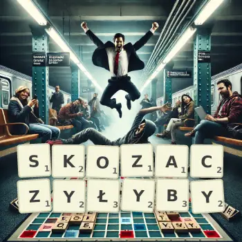 Kreatywna ilustracja do gry w Scrabble ze słowem SKOZACZYŁYBY ułożonym z płytek na planszy.