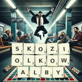 Kreatywna ilustracja do gry w Scrabble ze słowem SKOZIOLKOWALBY ułożonym z płytek na planszy.