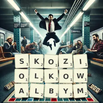 Kreatywna ilustracja do gry w Scrabble ze słowem SKOZIOLKOWALBYM ułożonym z płytek na planszy.