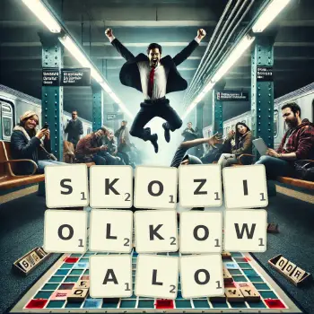 Kreatywna ilustracja do gry w Scrabble ze słowem SKOZIOLKOWALO ułożonym z płytek na planszy.