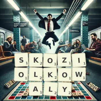 Kreatywna ilustracja do gry w Scrabble ze słowem SKOZIOLKOWALY ułożonym z płytek na planszy.