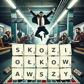 Kreatywna ilustracja do gry w Scrabble ze słowem SKOZIOŁKOWAWSZY ułożonym z płytek na planszy.