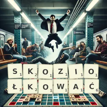 Kreatywna ilustracja do gry w Scrabble ze słowem SKOZIOŁKOWAĆ ułożonym z płytek na planszy.