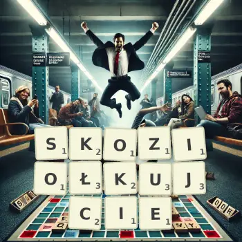 Kreatywna ilustracja do gry w Scrabble ze słowem SKOZIOŁKUJCIE ułożonym z płytek na planszy.