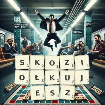 Kreatywna ilustracja do gry w Scrabble ze słowem SKOZIOŁKUJESZ ułożonym z płytek na planszy.