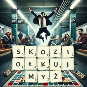 Kreatywna ilustracja do gry w Scrabble ze słowem SKOZIOŁKUJMYŻ ułożonym z płytek na planszy.