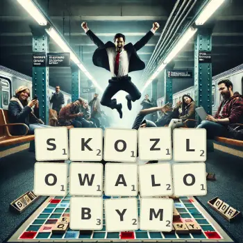 Kreatywna ilustracja do gry w Scrabble ze słowem SKOZLOWALOBYM ułożonym z płytek na planszy.