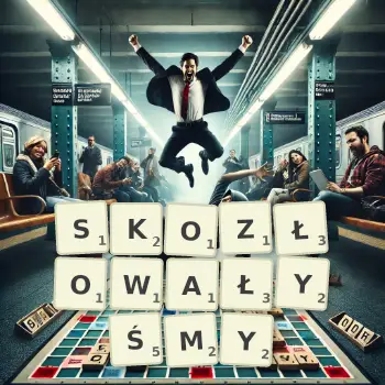 Kreatywna ilustracja do gry w Scrabble ze słowem SKOZŁOWAŁYŚMY ułożonym z płytek na planszy.