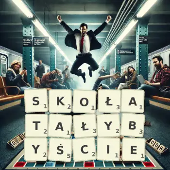 Kreatywna ilustracja do gry w Scrabble ze słowem SKOŁATAŁYBYŚCIE ułożonym z płytek na planszy.