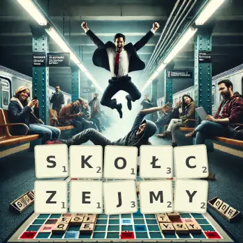 Kreatywna ilustracja do gry w Scrabble ze słowem SKOŁCZEJMY ułożonym z płytek na planszy.