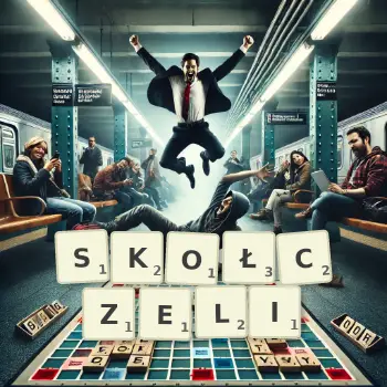 Kreatywna ilustracja do gry w Scrabble ze słowem SKOŁCZELI ułożonym z płytek na planszy.