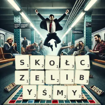 Kreatywna ilustracja do gry w Scrabble ze słowem SKOŁCZELIBYŚMY ułożonym z płytek na planszy.