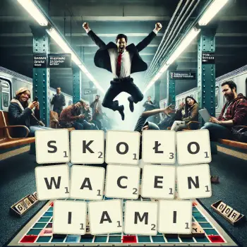 Kreatywna ilustracja do gry w Scrabble ze słowem SKOŁOWACENIAMI ułożonym z płytek na planszy.