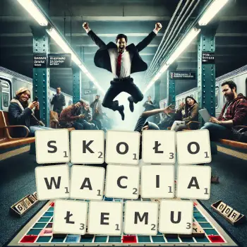 Kreatywna ilustracja do gry w Scrabble ze słowem SKOŁOWACIAŁEMU ułożonym z płytek na planszy.