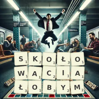 Kreatywna ilustracja do gry w Scrabble ze słowem SKOŁOWACIAŁOBYM ułożonym z płytek na planszy.