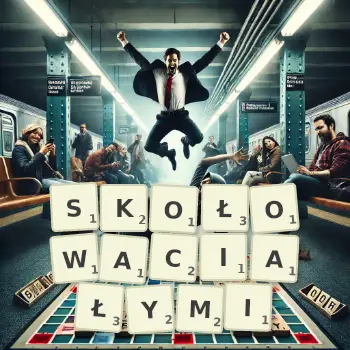 Kreatywna ilustracja do gry w Scrabble ze słowem SKOŁOWACIAŁYMI ułożonym z płytek na planszy.