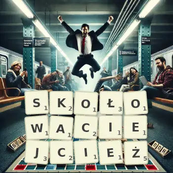 Kreatywna ilustracja do gry w Scrabble ze słowem SKOŁOWACIEJCIEŻ ułożonym z płytek na planszy.