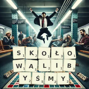 Kreatywna ilustracja do gry w Scrabble ze słowem SKOŁOWALIBYŚMY ułożonym z płytek na planszy.
