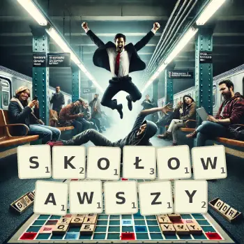 Kreatywna ilustracja do gry w Scrabble ze słowem SKOŁOWAWSZY ułożonym z płytek na planszy.