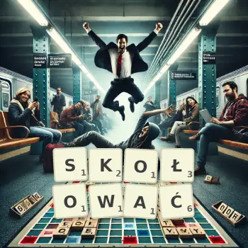 Kreatywna ilustracja do gry w Scrabble ze słowem SKOŁOWAĆ ułożonym z płytek na planszy.
