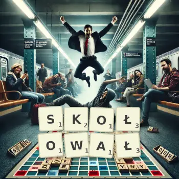 Kreatywna ilustracja do gry w Scrabble ze słowem SKOŁOWAŁ ułożonym z płytek na planszy.