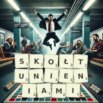 Kreatywna ilustracja do gry w Scrabble ze słowem SKOŁTUNIENIAMI ułożonym z płytek na planszy.