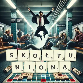 Kreatywna ilustracja do gry w Scrabble ze słowem SKOŁTUNIONĄ ułożonym z płytek na planszy.