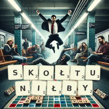 Kreatywna ilustracja do gry w Scrabble ze słowem SKOŁTUNIŁBY ułożonym z płytek na planszy.