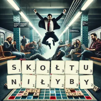 Kreatywna ilustracja do gry w Scrabble ze słowem SKOŁTUNIŁYBY ułożonym z płytek na planszy.