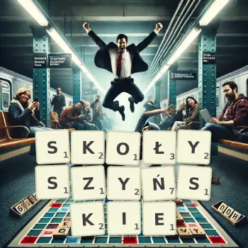 Kreatywna ilustracja do gry w Scrabble ze słowem SKOŁYSZYŃSKIE ułożonym z płytek na planszy.