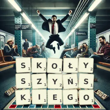 Kreatywna ilustracja do gry w Scrabble ze słowem SKOŁYSZYŃSKIEGO ułożonym z płytek na planszy.
