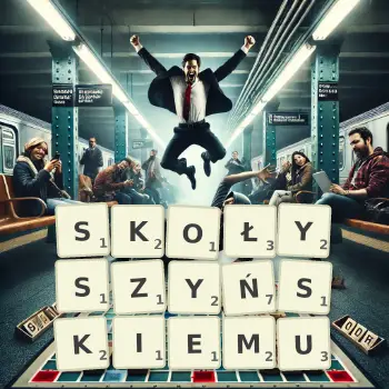 Kreatywna ilustracja do gry w Scrabble ze słowem SKOŁYSZYŃSKIEMU ułożonym z płytek na planszy.