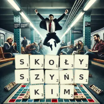 Kreatywna ilustracja do gry w Scrabble ze słowem SKOŁYSZYŃSKIM ułożonym z płytek na planszy.