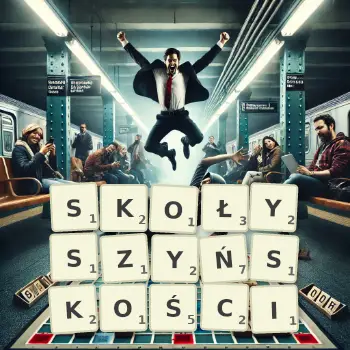 Kreatywna ilustracja do gry w Scrabble ze słowem SKOŁYSZYŃSKOŚCI ułożonym z płytek na planszy.
